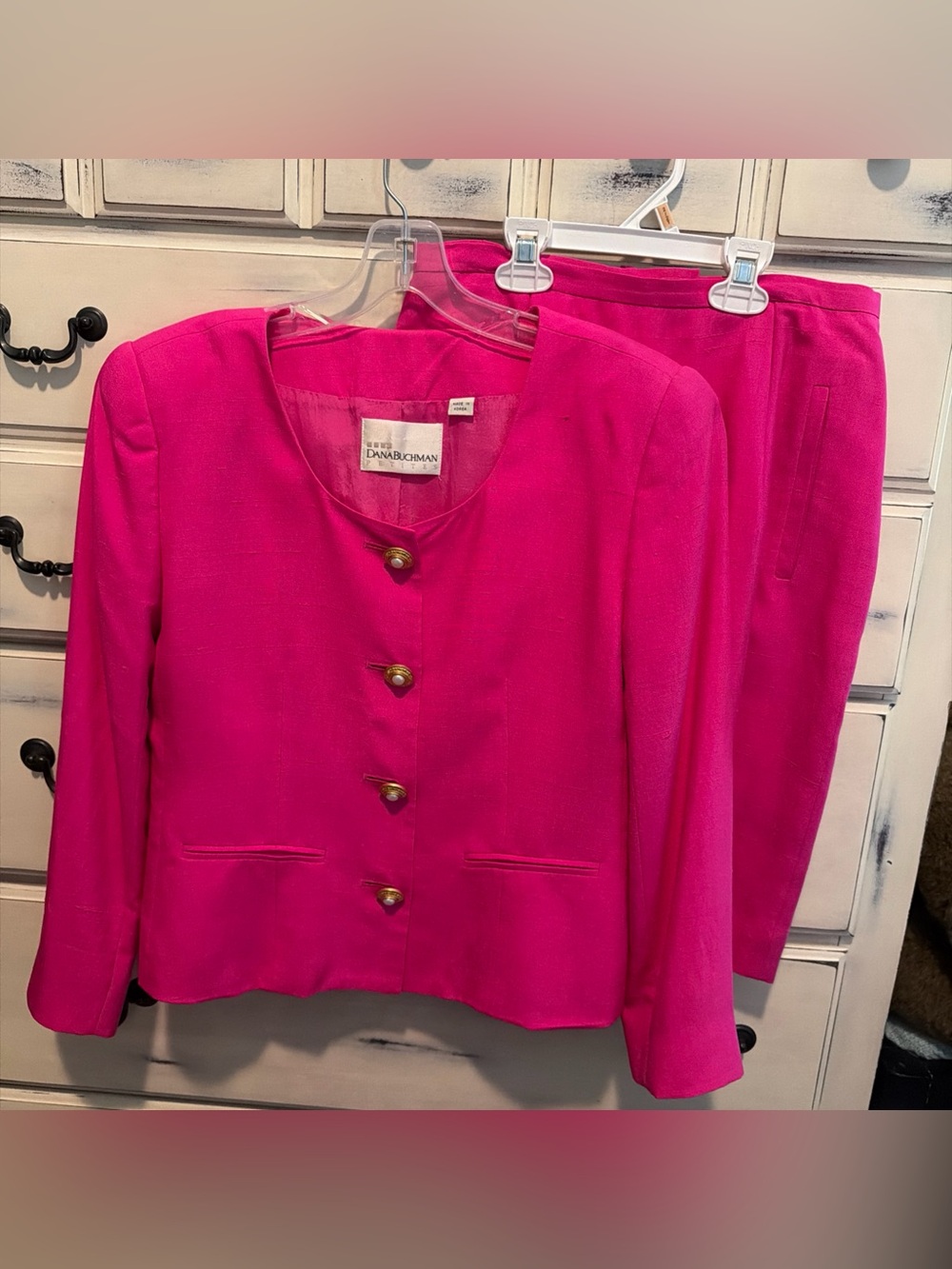 Vintage Dana Buchman 100% Silk Pink Skirt Suit Gold Pearl Buttons Made In Korea